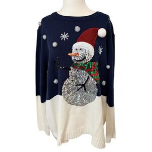 Holiday Time Christmas Plus Size  XXL Sweater Sequin Snowman Snowflakes